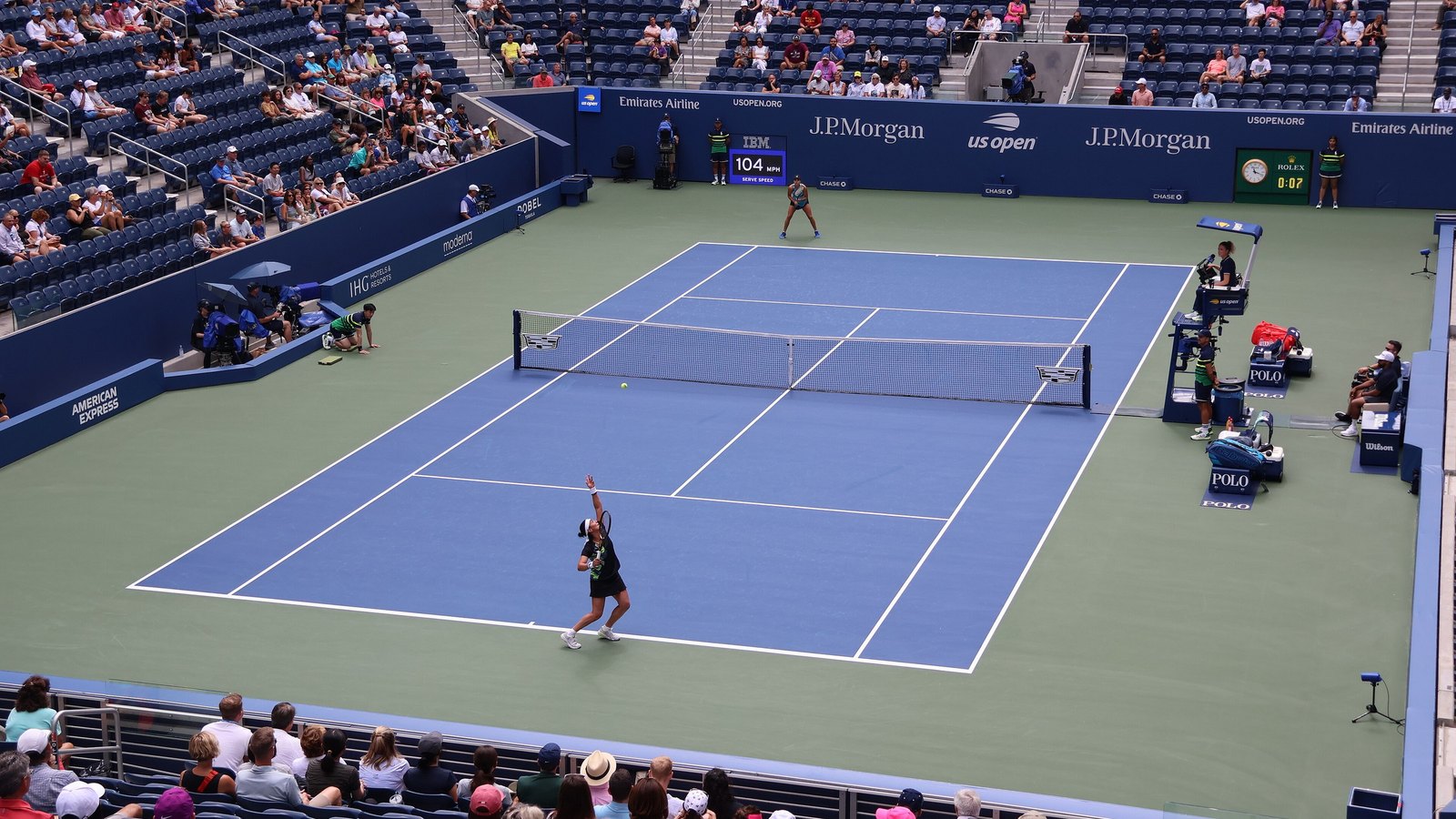 Louis Armstrong Stadium during a US Open first-round match in 2023 (file photo); it is the court where Eala beat Mary Stoiana this week