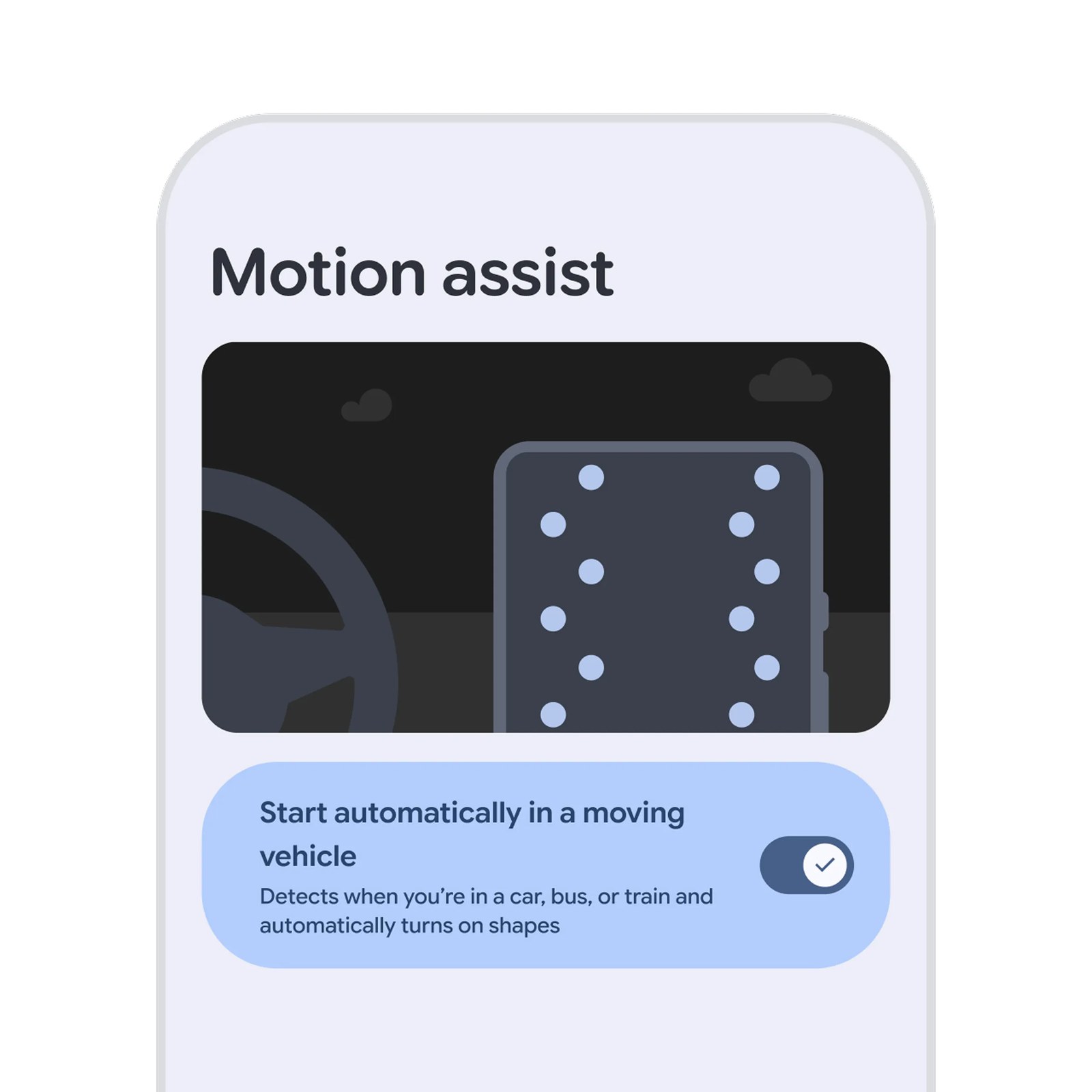 Google's official Motion Assist interface showing the bubble overlay and customization controls on an Android phone