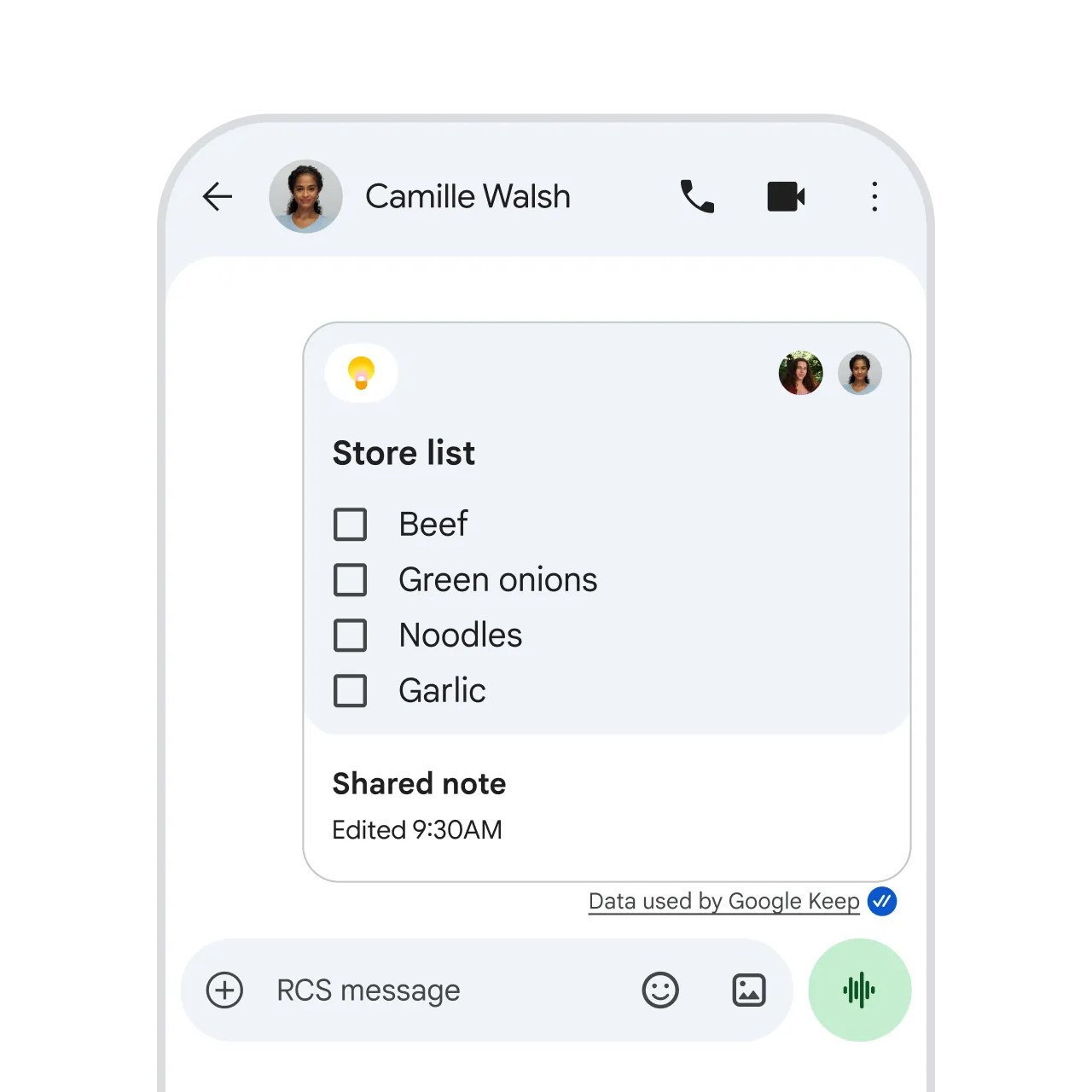 Official Google interface demonstration showing a create-list action for Keep within a Google Messages conversation