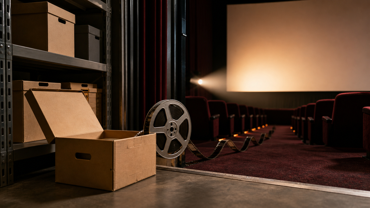 An unmarked film reel leaving an archive box and rolling toward a cinema screen