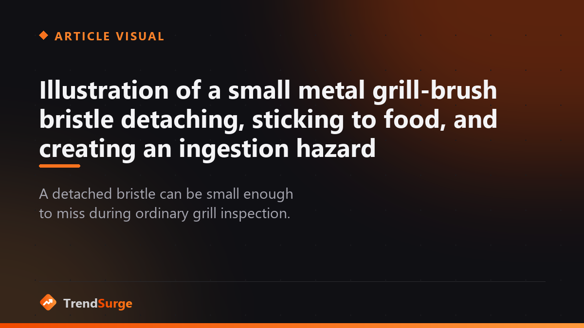 Three-step illustration of a metal grill-brush bristle detaching, remaining on a grate, and transferring to food
