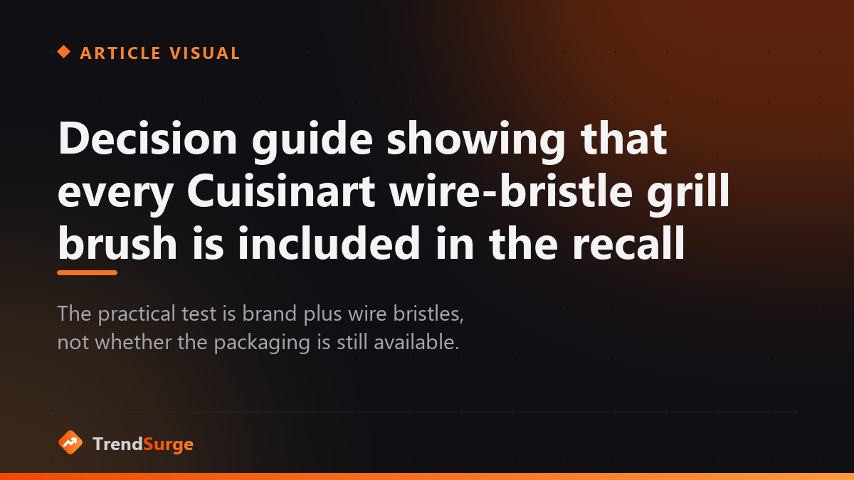 Recall decision guide showing that all Cuisinart metal wire-bristle grill brushes are included, even when packaging or a model number is missing
