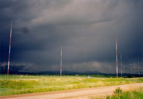 NIST's WWVB radio antenna site near Fort Collins, Colorado, beneath a cloudy sky
