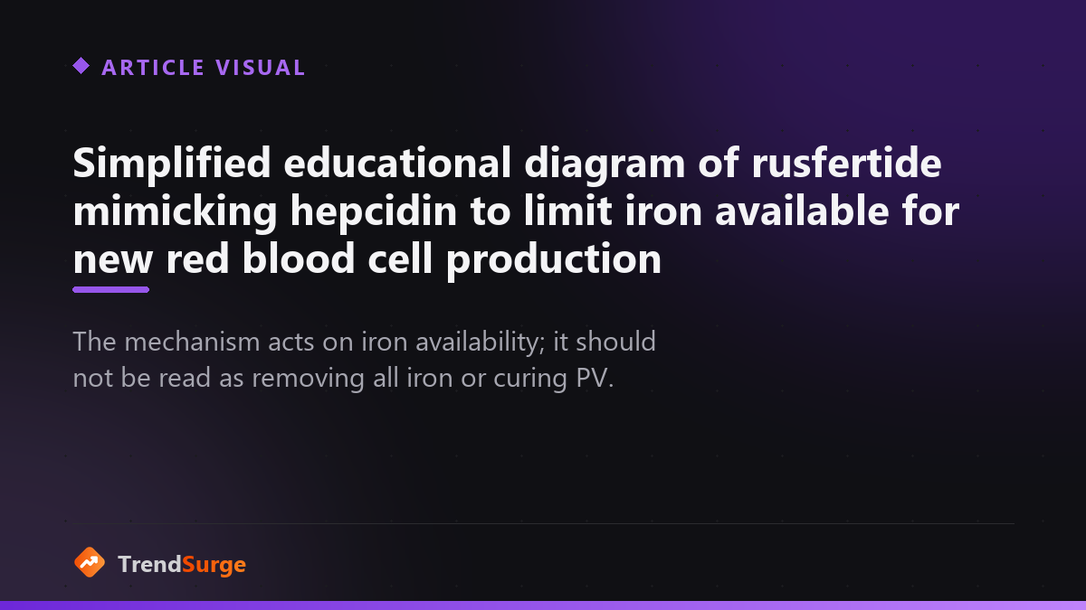 Simplified educational diagram showing rusfertide mimicking hepcidin to limit iron available for excess red blood cell production in polycythemia vera