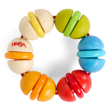 The recalled HABA Rainbow Rattle Grasping and Teething Toy shown in the CPSC notice