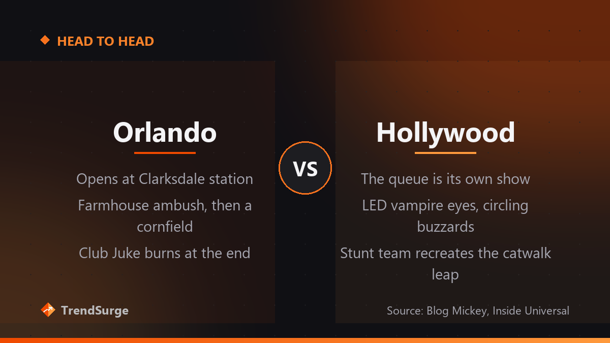How the Sinners haunted house differs by coast: Orlando opens at Clarksdale station and ends with Club Juke burning, while Hollywood turns the queue into a show with LED vampire eyes and a stunt catwalk leap