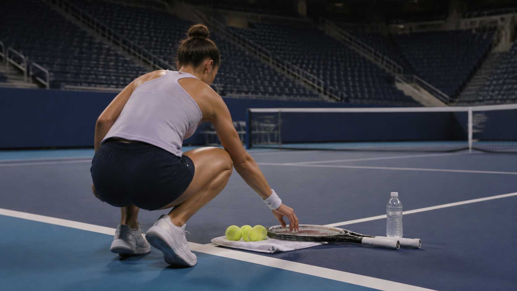 An anonymous professional woman preparing rackets and tennis balls on a quiet blue hard court