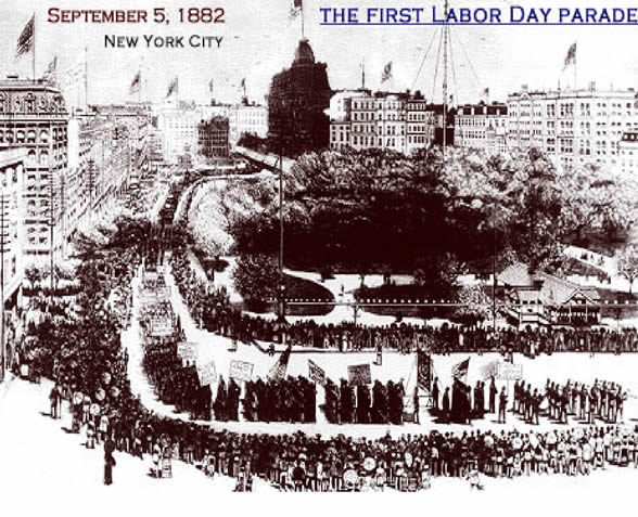 Historical illustration of the first Labor Day parade in New York City on September 5, 1882