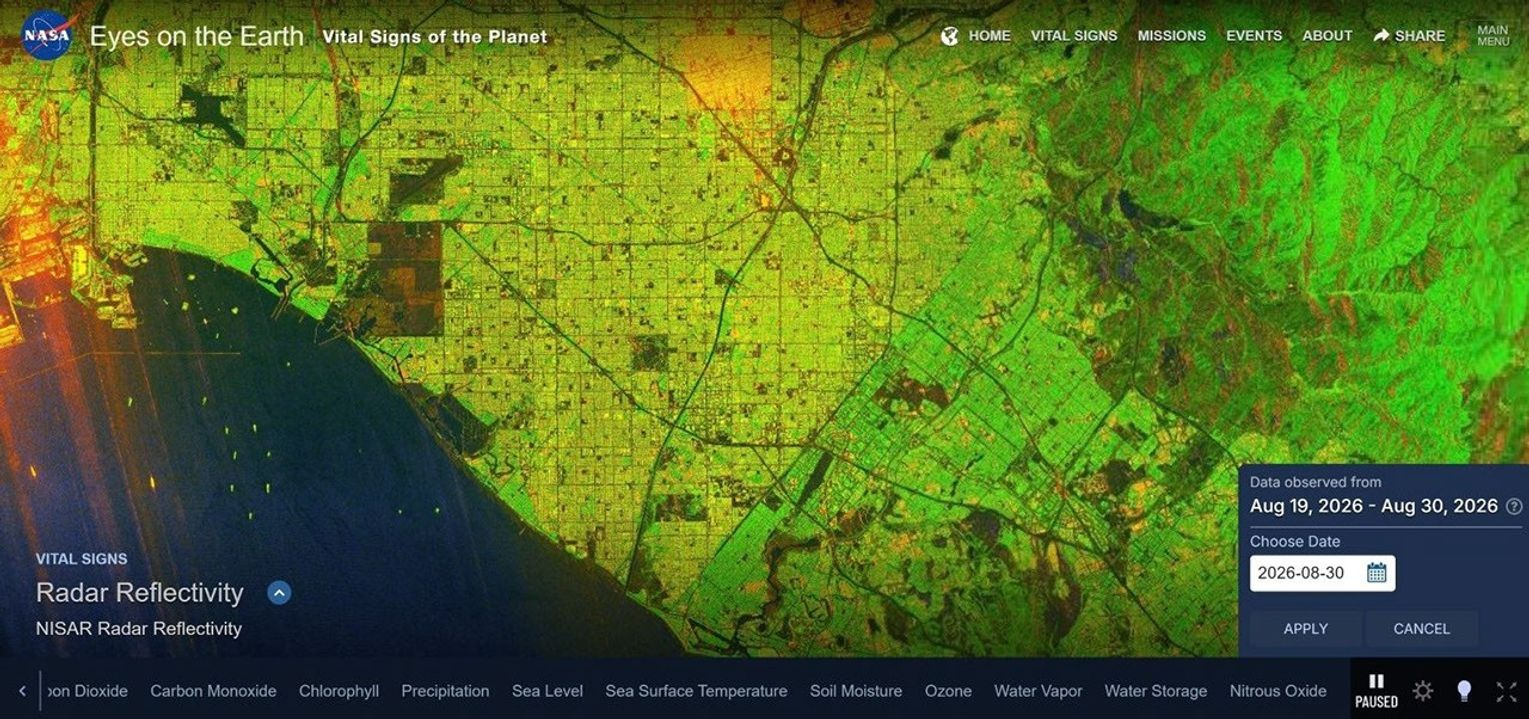 NASA Eyes on the Earth screenshot displaying colored NISAR radar-reflectivity data around southern California and Long Beach