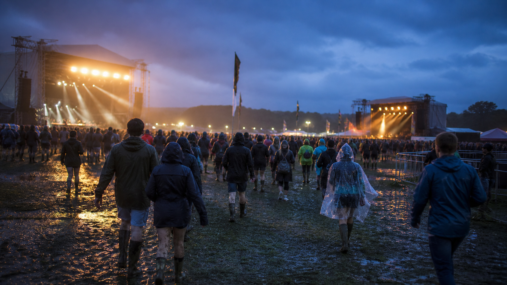 Festivalgoers in rain jackets moving between two outdoor stages across a wet field at dusk