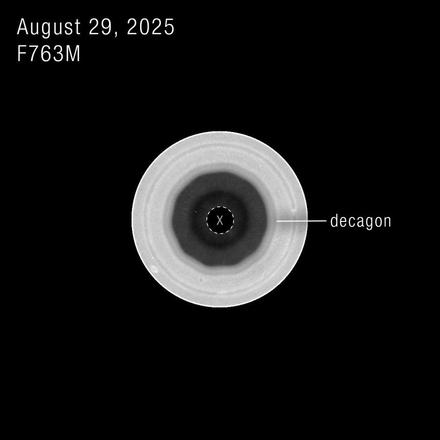 Hubble single-filter image of Saturn's south pole with the ten-sided wave labeled decagon and an X marking missing data