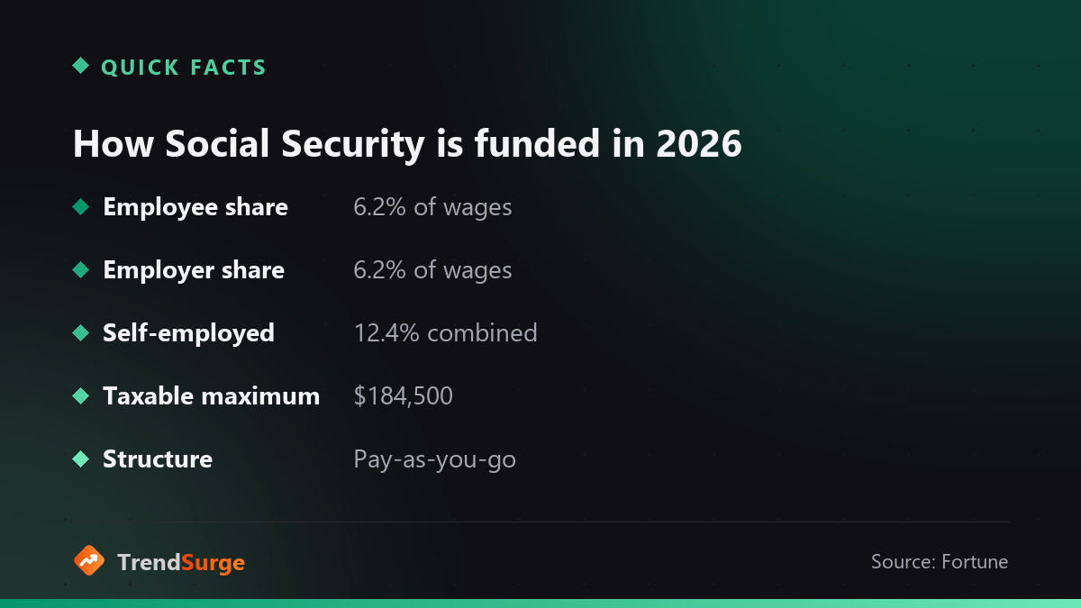 How Social Security is funded in 2026: 6.2% employee, 6.2% employer, 12.4% self-employed, $184,500 taxable maximum