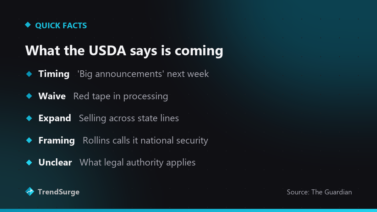 What the USDA says is coming: announcements next week, waiving processing red tape, expanding sales across state lines, with the legal authority still unclear