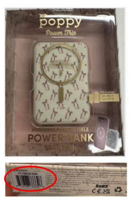 Official CPSC identification photo of the cream XO Poppy power bank with pink bows and packaging model PY-PBK5M-BW8
