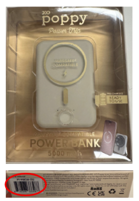Official CPSC identification photo of the plain cream XO Poppy power bank and packaging model PY-PBK5M-CR2